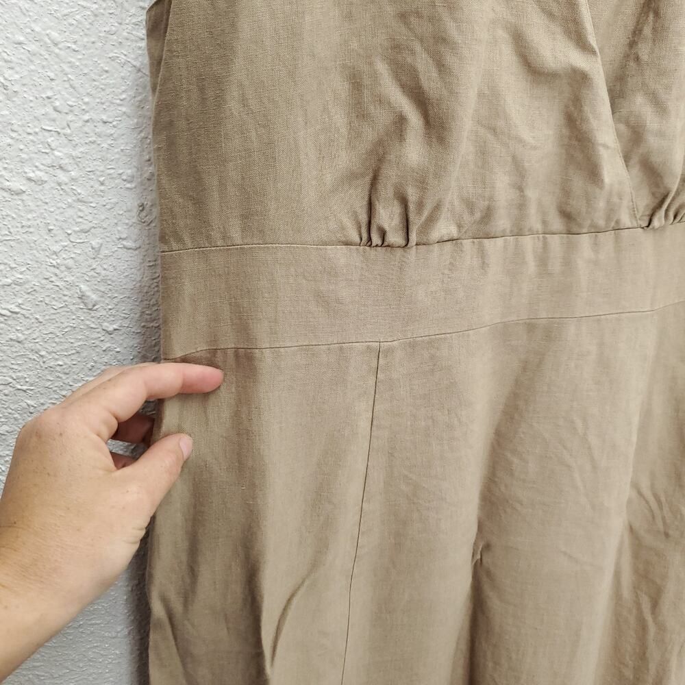 SUNDANCE 100% Linen Tan Lagenlook Surplice Neckline Midi Dress - Picture 5 of 9